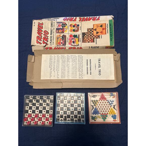 Vintage 70s Travel Trio Game Set Checkers Chess Chinese Checkers - Picture 1 of 6